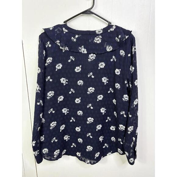 Ann Taylor Top Womens Large Ruffle V Neck Button Up Sheer Sleeve Navy Floral - Picture 2 of 11